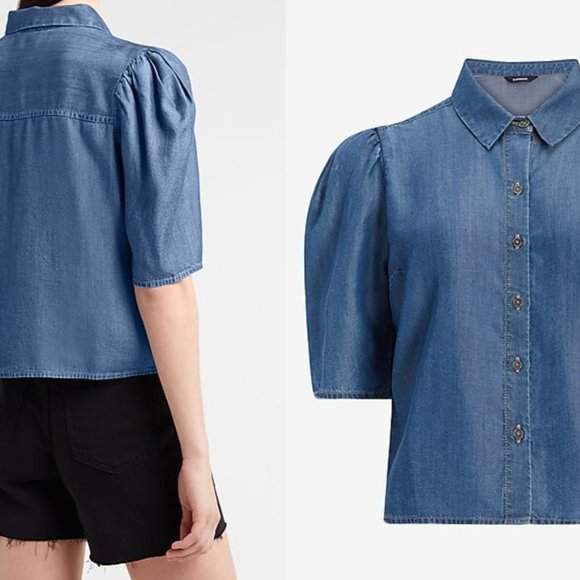 Classy Denim Puff Sleeve Shirt - Picture 2 of 3